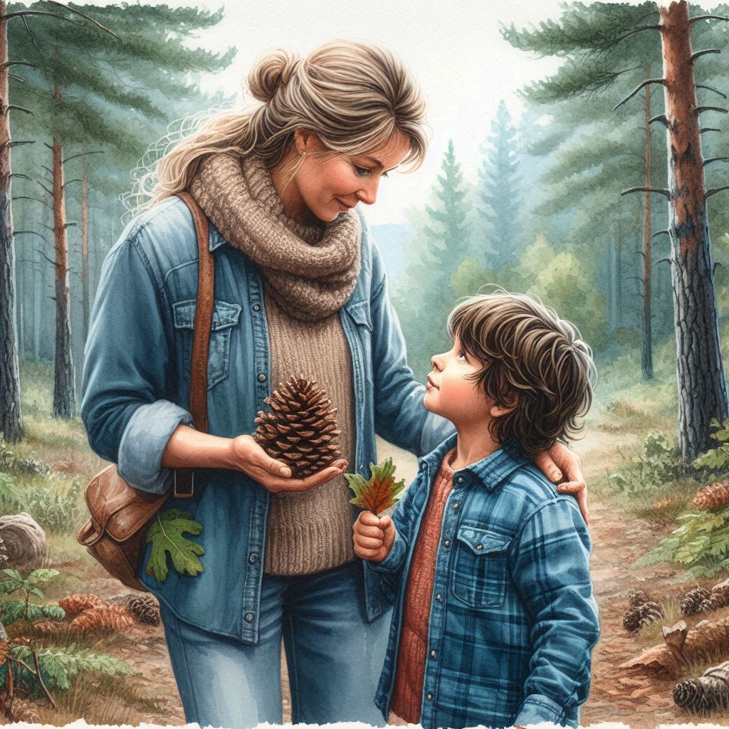 Lehrerin mit Schüler im Wald